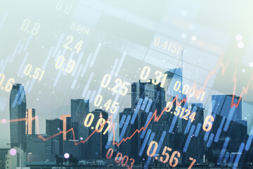 Abstract virtual financial graph hologram on Los Angeles cityscape background, financial and trading concept. Multiexposure