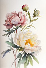 Watercolor painting of blooming peony flowers, Generative AI