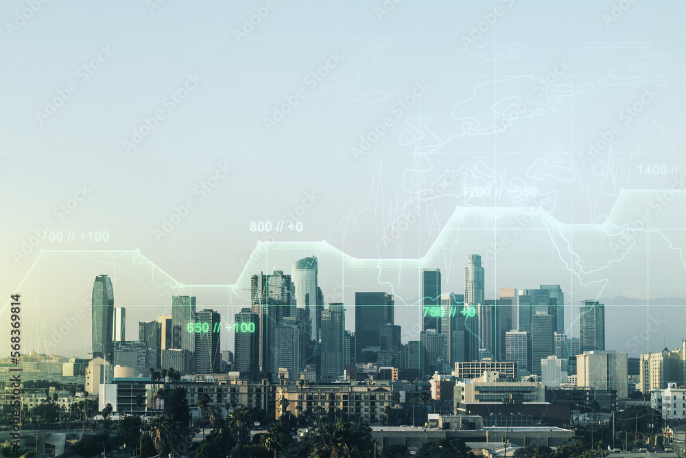 Aufkleber multi exposure of abstract statistics data hologram interface on los angeles office buildings backgr