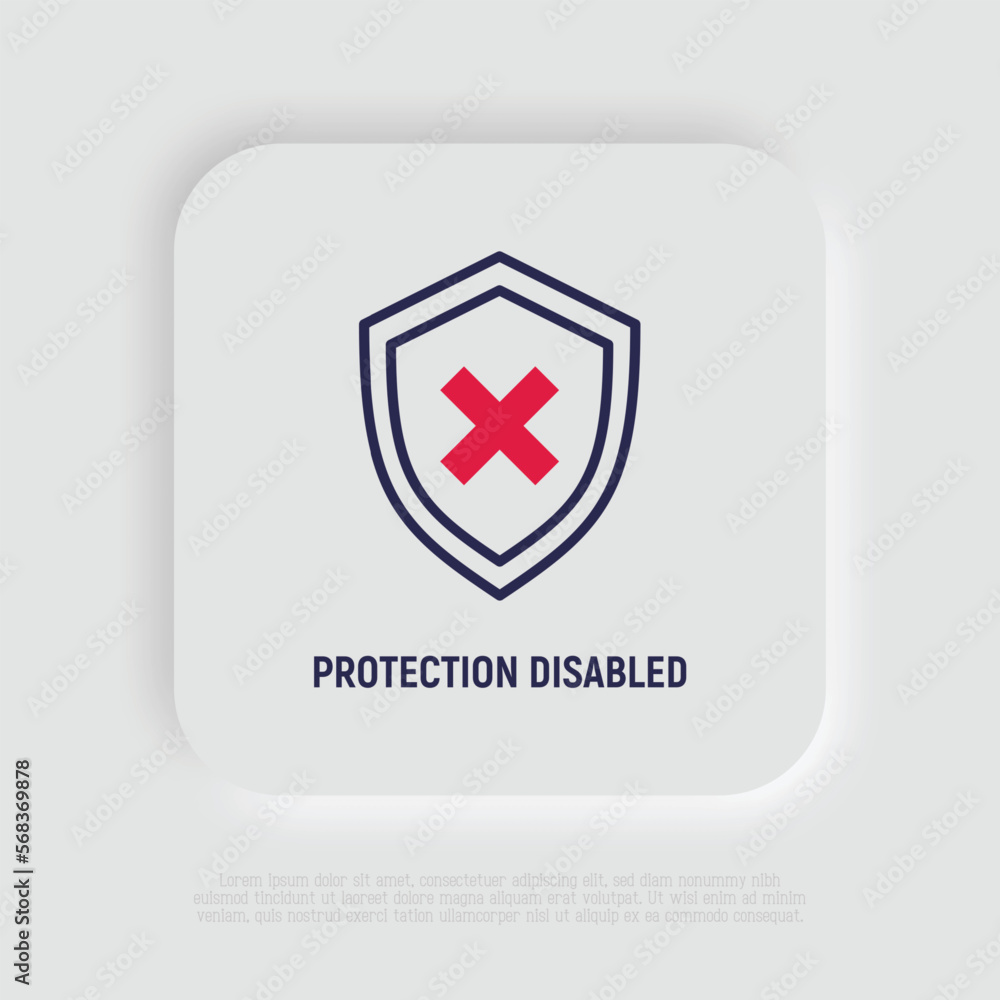 Poster security disabled thin line icon. shield with cross mark. vector illustration.