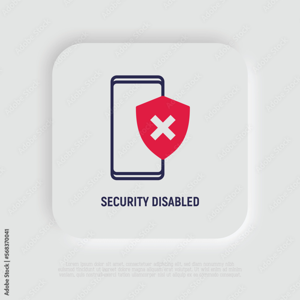Poster security disabled thin line icon. smartphone with shield with cross mark. vector illustration.