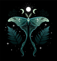Vector illustration of green moon moth. For print for T-shirts and bags, decor element. Mystical and magical, astrology illustration - obrazy, fototapety, plakaty