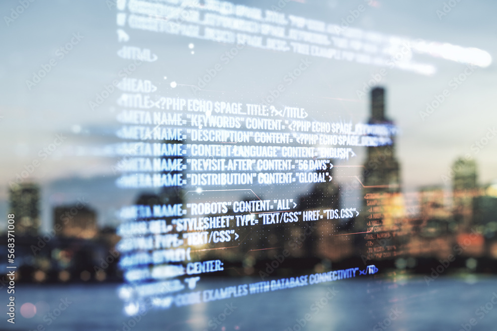 Poster abstract virtual coding concept on blurry skyline background. multiexposure