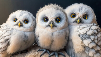 Three cute snowy owl chicks snuggled up to each other, looking at the camera. Post-processed generative AI