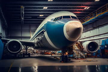 Commercial aircraft jet on maintenance of engine and fuselage check repair in airport hangar. Generative AI technology.