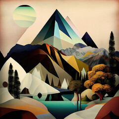 Seasons in the Mountains: A Surrealist, Cubist, Impressionist Landscape with Japanese Influence, Elongated Hills, and a Muted Color Palette. Generative AI - obrazy, fototapety, plakaty