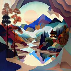 Seasons in the Mountains: A Surrealist, Cubist, Impressionist Landscape with Japanese Influence, Elongated Hills, and a Muted Color Palette. Generative AI