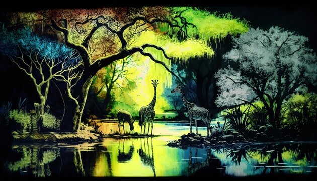 An African tropical rainforest landscape with giraffes and trees along a river is shown in a 3D watercolor painting. Generative Ai.