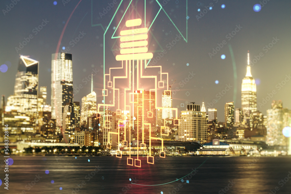 Poster virtual creative idea concept with light bulb and microcircuit illustration on new york city skyline