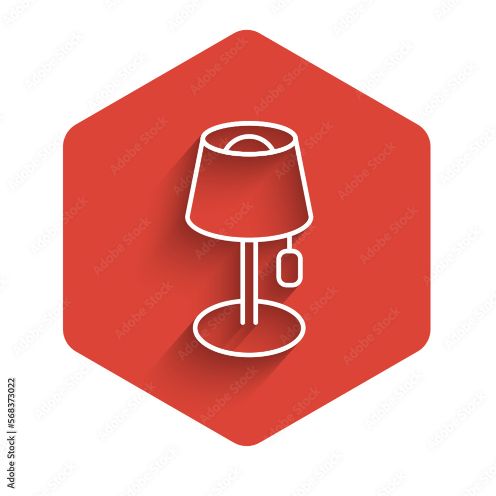 Poster white line floor lamp icon isolated with long shadow. red hexagon button. vector