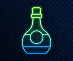 Glowing neon line Bottle of cognac or brandy icon isolated on blue background. Vector