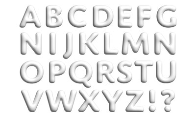 White 3D Font of English Alphabet w Punctuation Marks, Interrogative and Exclamatory. 3D Illustration
