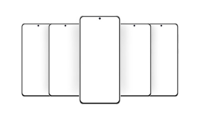 Modern Frameless Smartphones Mockups with Blank Screens, Isolated on White Background. Vector Illustration