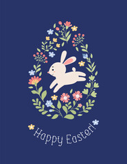 Big Easter egg with cute bunny and flowers. Holiday card Happy Easter. Vector illustration in flat style with cartoon rabbit for greeting cards, design, decor and print.