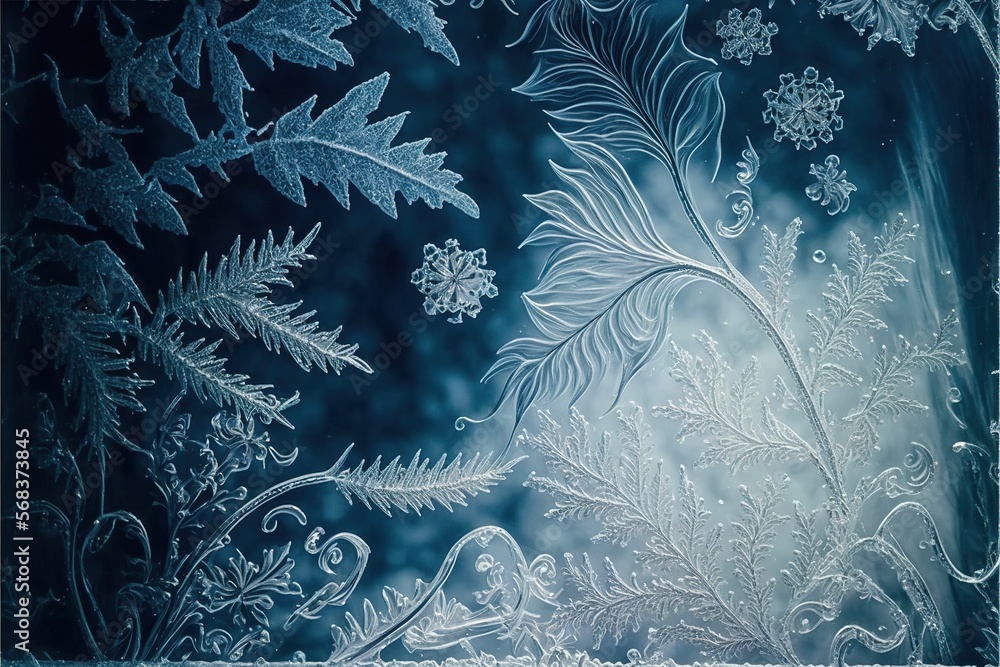Poster frozen pattern on the window. frosted glass in amazing elements. winter crystal background texture. 