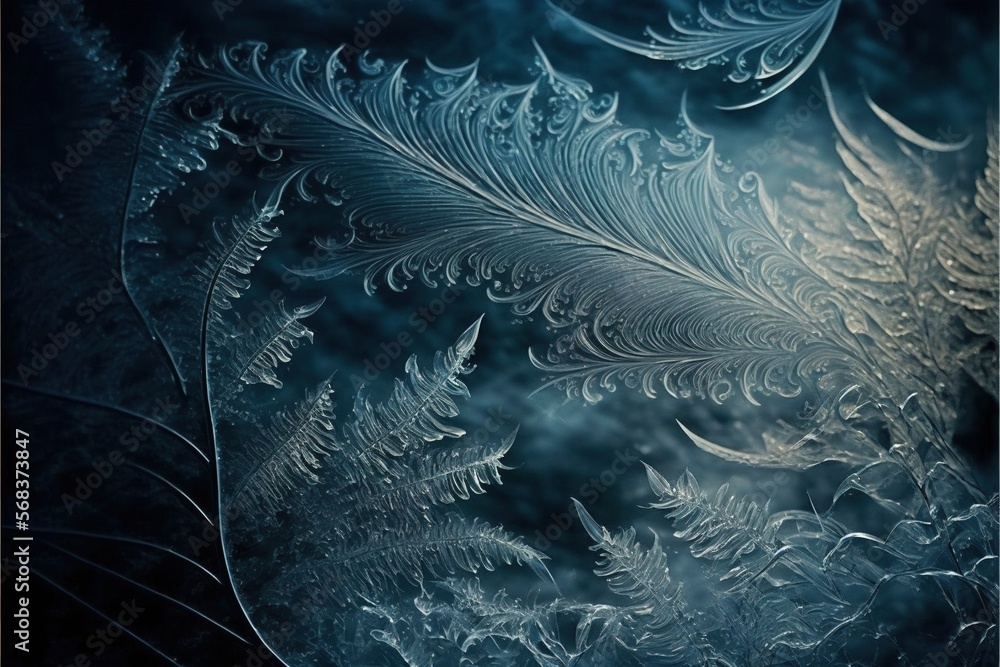 Poster frozen pattern on the window. frosted glass in amazing elements. winter crystal background texture. 