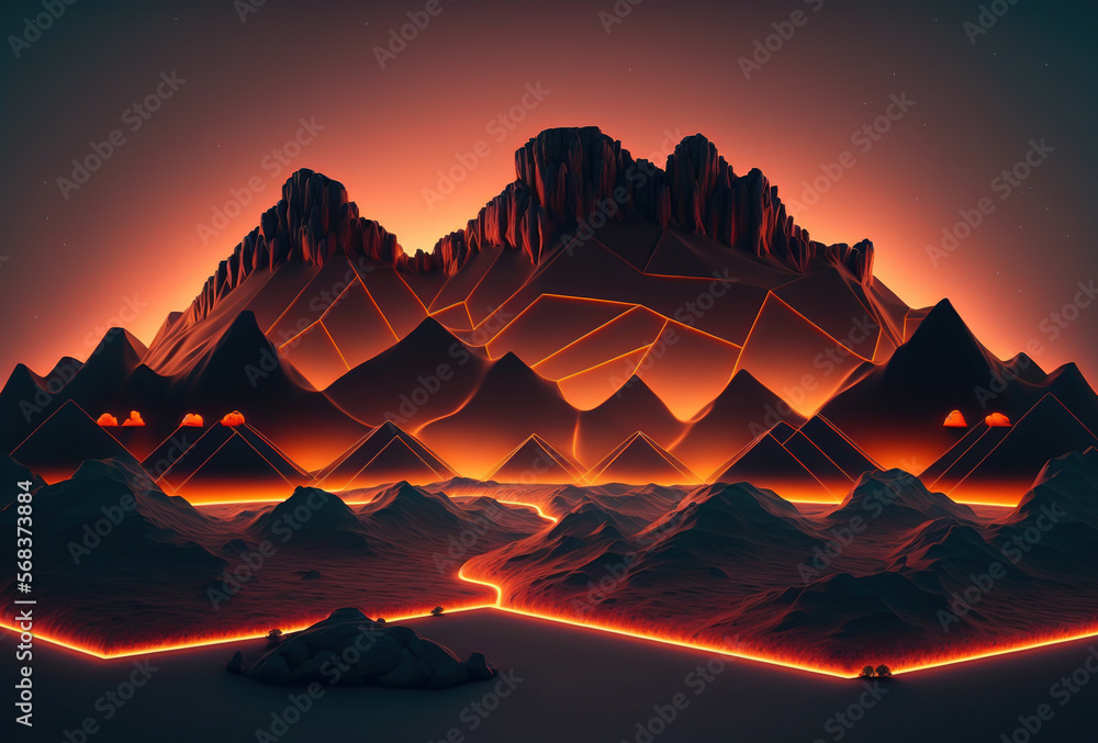 Poster a futuristic landscape, low-polygon mountains illuminated by neon light on a gradient background. im