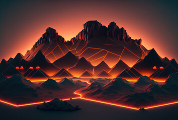 A futuristic landscape, low-polygon mountains illuminated by neon light on a gradient background. Immersion in a surreal digital virtual cyber world. 3D rendering. AI generated.