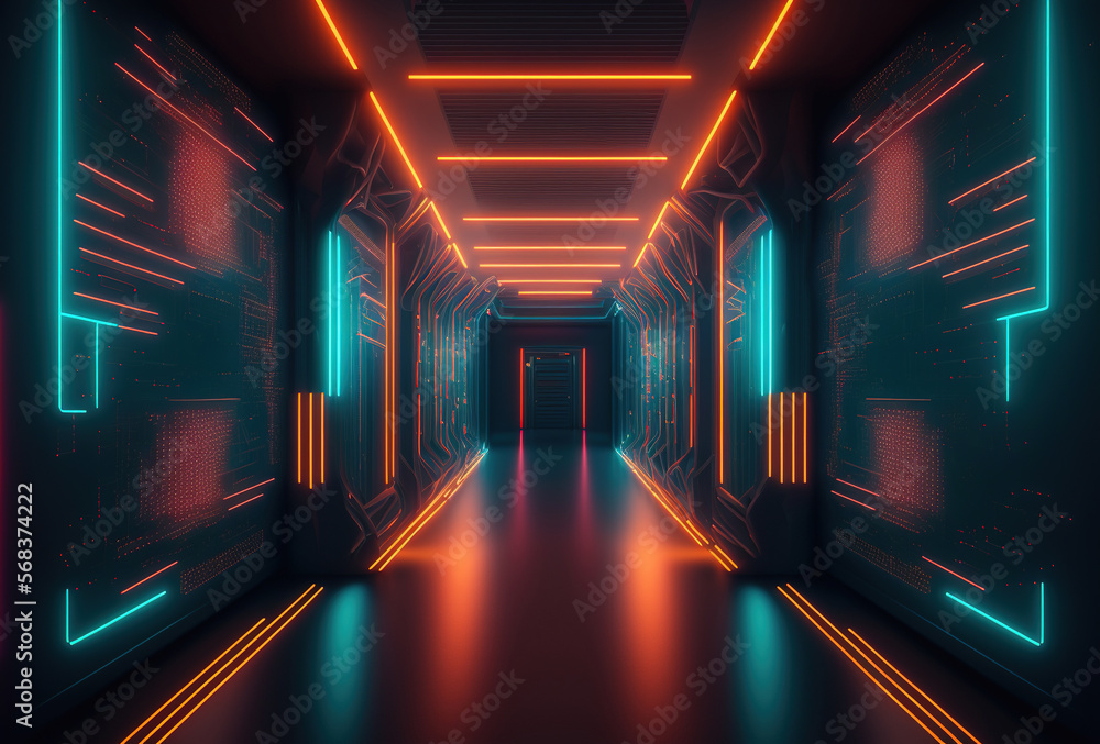 Poster a fantastic neon tunnel, the corridor of a spaceship. immersion in virtual reality, artificial intel