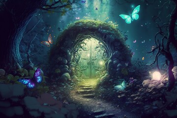 Fantasy enchanted fairy tale woodland with flying fairytale magic butterflies in the trees, magical opening hidden doors. Generative Ai. - obrazy, fototapety, plakaty