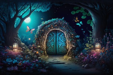 Fantasy enchanted fairy tale woodland with flying fairytale magic butterflies in the trees, magical opening hidden doors. Generative Ai.