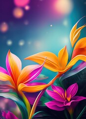 Obraz na płótnie Canvas Colorful vibrant floral background of tropical plants and flowers. Generated AI.