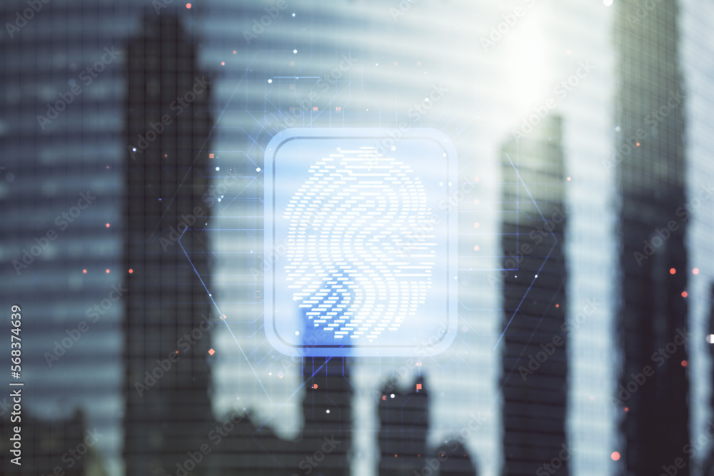 Leinwandbilder multi exposure of virtual graphic fingerprint sketch on modern architecture background, fingerprint 