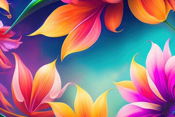 Colorful vibrant floral background frame of tropical plants and flowers. Generated AI.