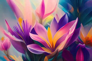 Colorful vibrant floral background of tropical plants and flowers. Generated AI.