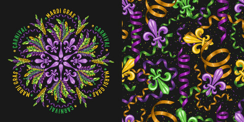 Set of round ornament, seamless pattern for Mardi gras carnival decoration. Fleur de lis, feathers, beads on dark background. For prints, clothing, t shirt, holiday goods, stuff. Vintage style