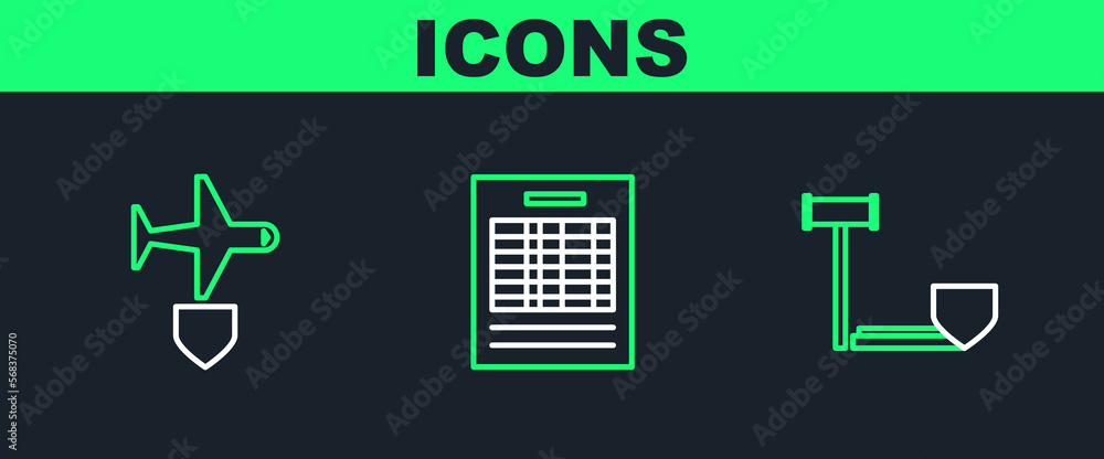 Poster set line judge gavel with shield, plane and report file document icon. vector
