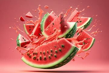 Fresh slices of watermelon flying splashing juice and water Generative AI