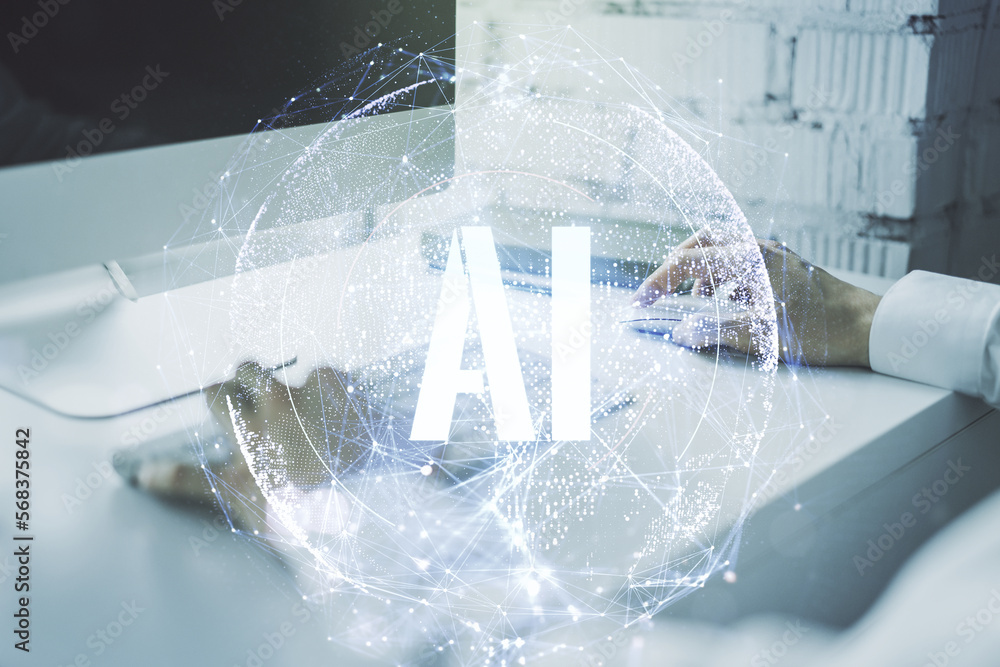 Poster creative artificial intelligence symbol concept with hands typing on computer keyboard on background