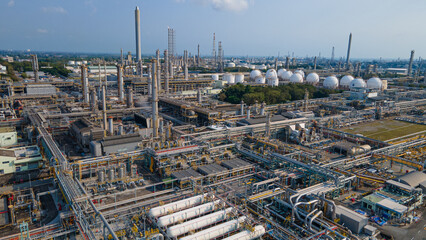 Aerial view of Oil and gas industry - refinery, Shot from drone of Oil refinery and Petrochemical plant at twilight, Rayong, Thailand