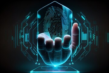 Cyber security and data protection on the internet, holographic HUD interface. 