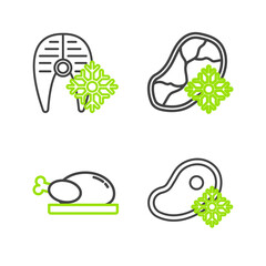 Set line Fresh frozen steak meat, Roasted turkey or chicken, and fish icon. Vector