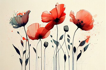 Watercolor painting of blooming poppy flowers, Generative AI