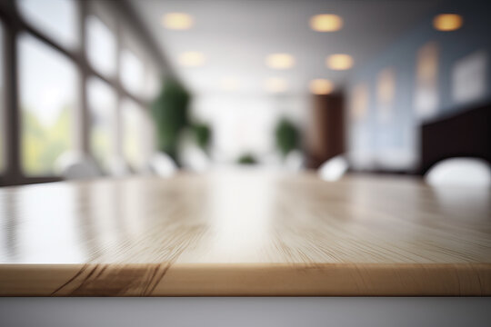empty table top with blurry background of an office meeting room, ai generated