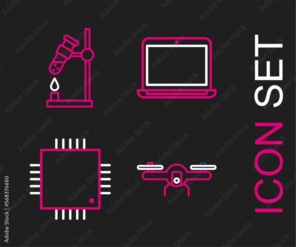 Poster set line drone flying, processor with microcircuits cpu, laptop and test tube flask fire icon. vecto