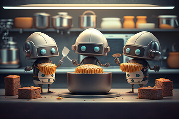 Chef robot cooking food and dessert in restaurant kitchen room . Innovation technology, Generative AI illustrations.
