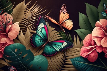 Background of an oil painting for flowers, leaves and butterflies.