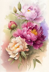 Watercolor painting of blooming peonies flowers, Generative AI