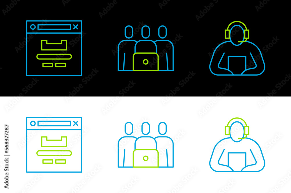 Poster set line student, browser window and online class icon. vector