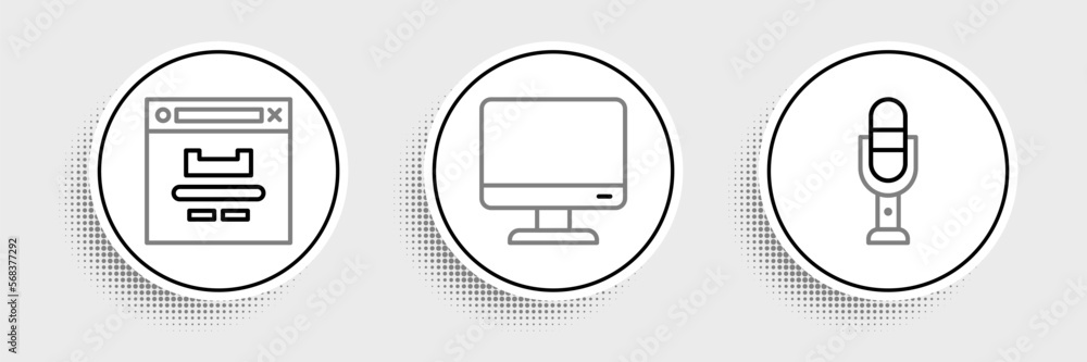 Poster set line microphone, browser window and computer monitor screen icon. vector