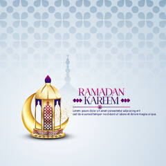 Islamic greetings Eid Mubarak card design with beautiful crescent moon mosque line and lanterns, Eid social media post template design