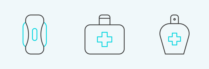 Set line Bottle of liquid antibacterial soap, Sanitary napkin and First aid kit icon. Vector