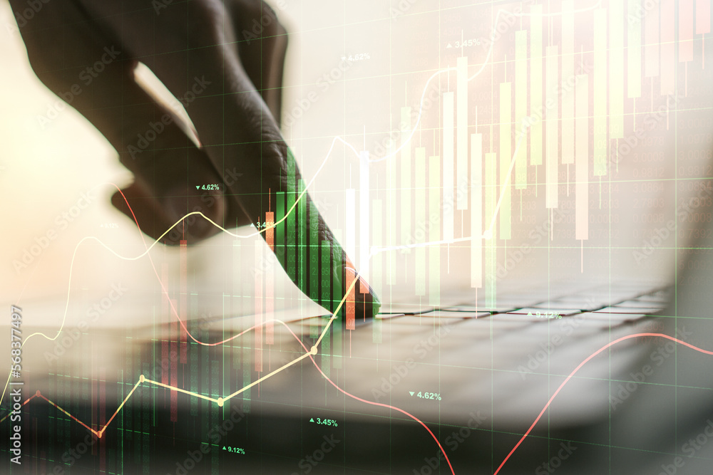 Poster multi exposure of abstract creative financial chart with hand typing on computer keyboard on backgro