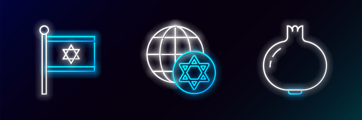 Set line Pomegranate, Flag of Israel and World Globe and icon. Glowing neon. Vector