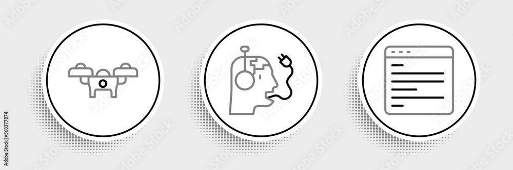 Poster set line computer api interface, drone and robot charging battery icon. vector