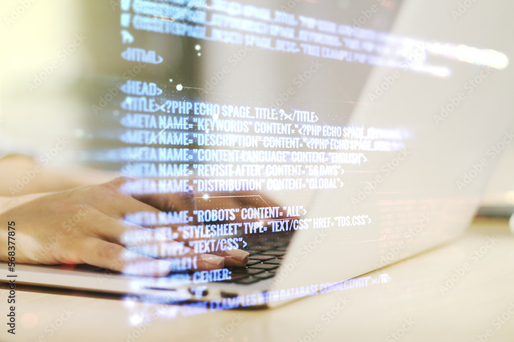Poster double exposure of abstract programming language hologram with hands typing on laptop on background,